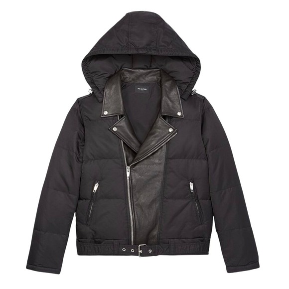 The Kooples Other - The Kooples Paris Mens Black Leather & Down Biker Hooded Jacket Size L MSRP $810